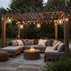 Rustic outdoor lounge area with a weathered wooden pergola, cozy outdoor furniture, and soft ambient lighting, creating an inviting space for relaxation
