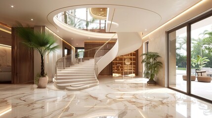 Interior design of modern luxurious entrance hall with staircase in villa.