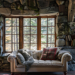 A cozy sofa nestled against a rugged stone wall in a cabin deep within a forest, surrounded by nature.