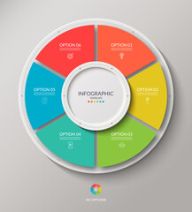Vector infographic circle. Cycle diagram with 6 options. Round chart that can be used for report, business analytics, data visualization, presentation, brochure.