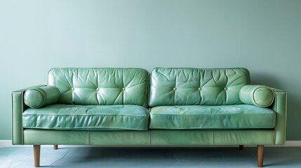 Light green leather sofa against wall with copy space. Mid-century, retro, vintage style home interior design of modern luxury living room.