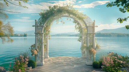 Floral Archway Overlooking Serene Lake Landscape, An enchanting floral archway adorned with blossoms on a lakeside wooden platform provides a picturesque view of a calm lake and distant hills.