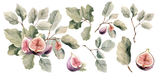 Fototapeta premium Watercolor floral bouquet with flowers and figs fruits