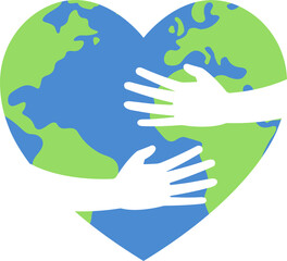 earth day, save the planet symbol, heart shaped earth symbol with hugging hands