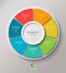 Vector infographic circle. Cycle diagram with 7 options. Round chart that can be used for report, business analytics, data visualization, presentation, brochure.