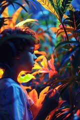 A boy peering closely at a glowing exotic plant in the botanical section of a spaceship