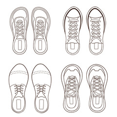 Male footwear sneakers collection in line art style. Hand drawn casual shoes. Vector illustration isolated on a white background.