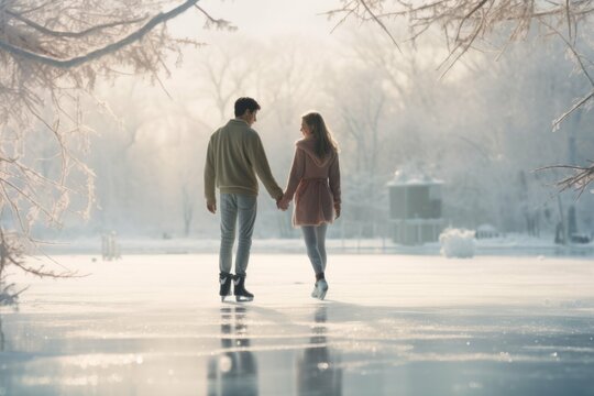 Couple ice skating on frozen pond