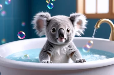 Fototapeten baby koala inside white bathtub surrounded by floating bubbles in bathroom. concepts: bath time, bubble wonderland, water procedures, baby hygiene, fun in bathroom, fun bathing, rituals before bed © Indi