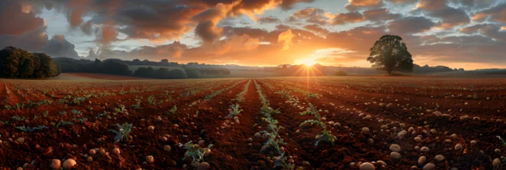 Stof per meter UK Scotland Potato field at summer sunset, A photo of a field of soybeans at sunset  © marchsing