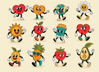 Groove style character set.Retro character.Heart,earth,pineapple,apple,lemon,strawberry,avocado,coffee.Cartoon vector illustration, print