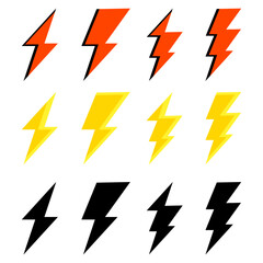 Lightning bolt retro icons set. Thunder symbols. Lightning strike vector illustration isolated on white background.