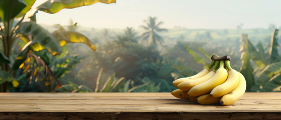 Ripe Bananas on Wooden Table in Tropical Setting, Ripe yellow bananas resting on a wooden table with a scenic backdrop of lush tropical greenery and banana trees. - obrazy, fototapety, plakaty