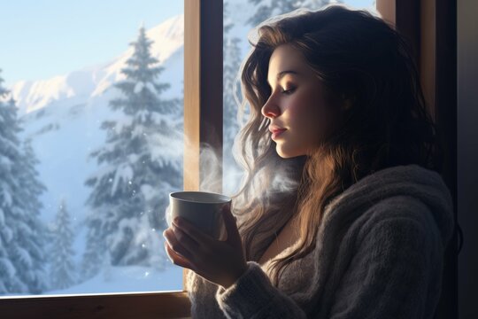 Woman drinking hot chocolate by window