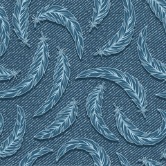 Seamless blue denim pattern with scattered feathers. Outline feathers on blue jeans textured fabric. Random monochrome composition.