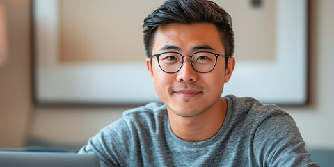 Portrait of an Asian man, confident and smiling - obrazy, fototapety, plakaty