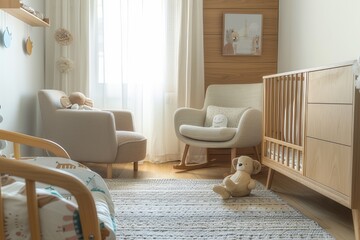 Scandinavian style nursery in pastel colors, natural wood furniture