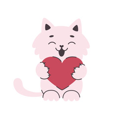Cute smiling cat holding a heart in his paws.Simple flat vector cartoon illustration