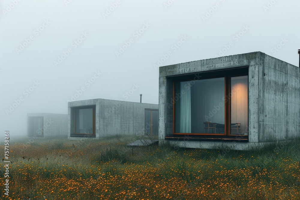 Wall mural Beautiful rural landscape with two houses surrounded by wildflowers on a misty day in the field