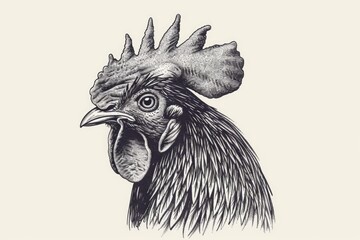 Rooster head in ink pencil style drawing, engrave old school. Rooster logo. Farm poultry