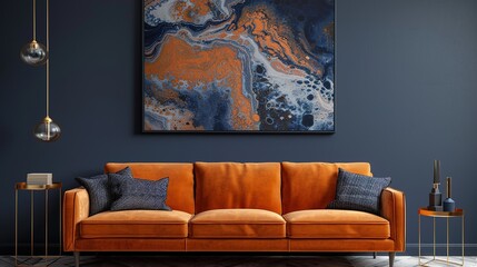 Orange sofa against concrete paneling wall. Minimalist, loft urban home interior design of modern living room
