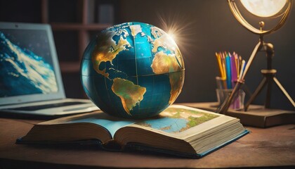An open book with a world globe and surrounding books, in front of a laptop on a table - obrazy, fototapety, plakaty