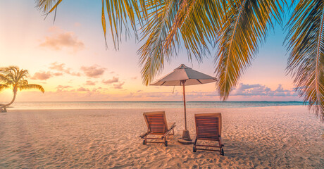 Amazing leisure beach. Couple chairs sandy beach sea. Luxury summer holiday vacation resort hotel for tourism. Inspire tropical paradise landscape. Tranquil honeymoon relax beach, beautiful landscape - obrazy, fototapety, plakaty