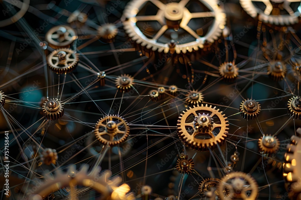 Poster a close-up view of a tangled web of interconnected gears symbolizing complex machinery and engineeri