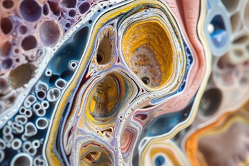 This close-up view captures a vivid and captivating surface bursting with an explosion of color, A cross-section of a human ear in a whimsical art style, AI Generated