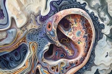 A detailed view of a lively abstract painting with various colors, representing modern art and contemporary design, A cross-section of a human ear in a whimsical art style, AI Generated