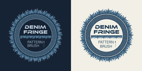 Circular denim frame. Pattern brush with denim fringe, torn edges. Design element in vintage style.