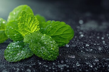 A captivating photo showcasing fresh mint leaves adorned with glistening water droplets, placed on a sleek black surface, A crushed mint leaf with visible texture and aroma, AI Generated - obrazy, fototapety, plakaty