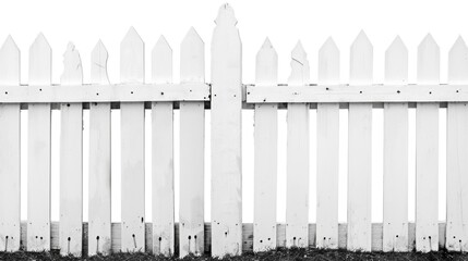 A simple white picket fence, straight on view, depicting the traditional boundary marker, again on a white background