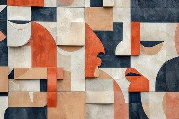 This photo captures a wall covered in an assortment of different shapes, creating interesting patterns and forms, A cubist-inspired design composed of earthy tones, AI Generated