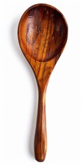 A wooden cooking spoon with a smooth, curved bowl and a long handle, displaying the natural grain of the wood, against a pure white background