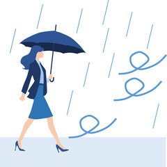 梅雨に傘をさして街にいる女性実業家のイラスト