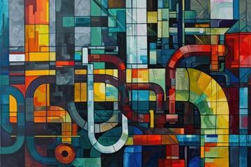 A captivating painting showcasing a cityscape bursting with a diverse range of vibrant colors, A cubist portrayal of industrial pipelines, AI Generated