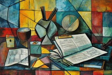 A beautiful painting depicting a book and a cup of coffee resting on a table in a warm and inviting room, A cubist representation of a day in the life of an accountant, AI Generated