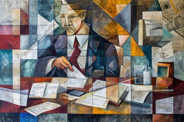 A captivating painting capturing a man engrossed in work as he sits at a desk in a study room, A cubist representation of a day in the life of an accountant, AI Generated