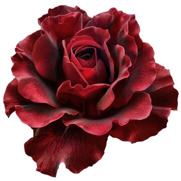A detailed image of a red rose in full bloom, showcasing the layers of petals and deep velvety texture, isolated on a white background.