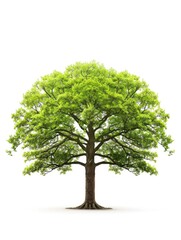 An oak tree stands tall with a full canopy of green leaves against a clear white background, perfectly isolated for emphasis on its natural beauty