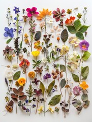 A variety of pressed flowers and leaves in multiple colors is artfully arranged, offering a botanical display against a white backdrop