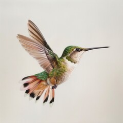 Obraz premium a hummingbird in flight, showcasing its delicate wings and long beak.