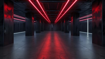 Red Neon Light Underground Passage, An underground passage dramatically lit with red neon lights, giving a sense of depth and mystery. Empty scene