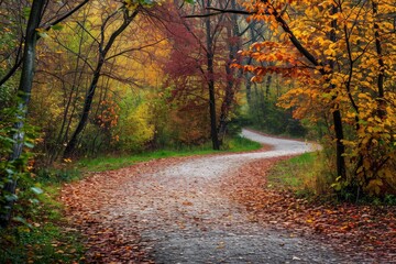 A captivating scene of a dirt road surrounded by vibrant autumn foliage, creating a serene atmosphere, A curvy path through colourful autumn trees, AI Generated
