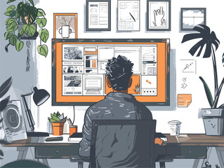  A photo editor meticulously retouches an image on a computer screen enhancing its clarity and color balance. 