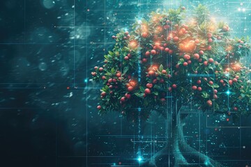 The picture showcases a magnificent tree covered in numerous ripe fruits, thriving in its natural environment, A cybernetic tree with digital fruit representing the growth of IT, AI Generated - obrazy, fototapety, plakaty