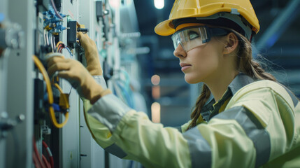 A focused female technician is pictured wiring an industrial electrical panel, showcasing expertise and attention to detail