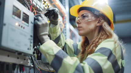 A professional female electrician is seen adjusting equipment in a high-tech electrical panel under artificial lighting