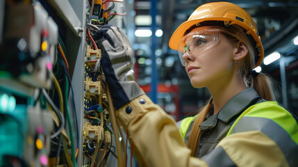 Concentrated electrical engineer in protective gear adjusts wires within an industrial setting, signifying technical proficiency